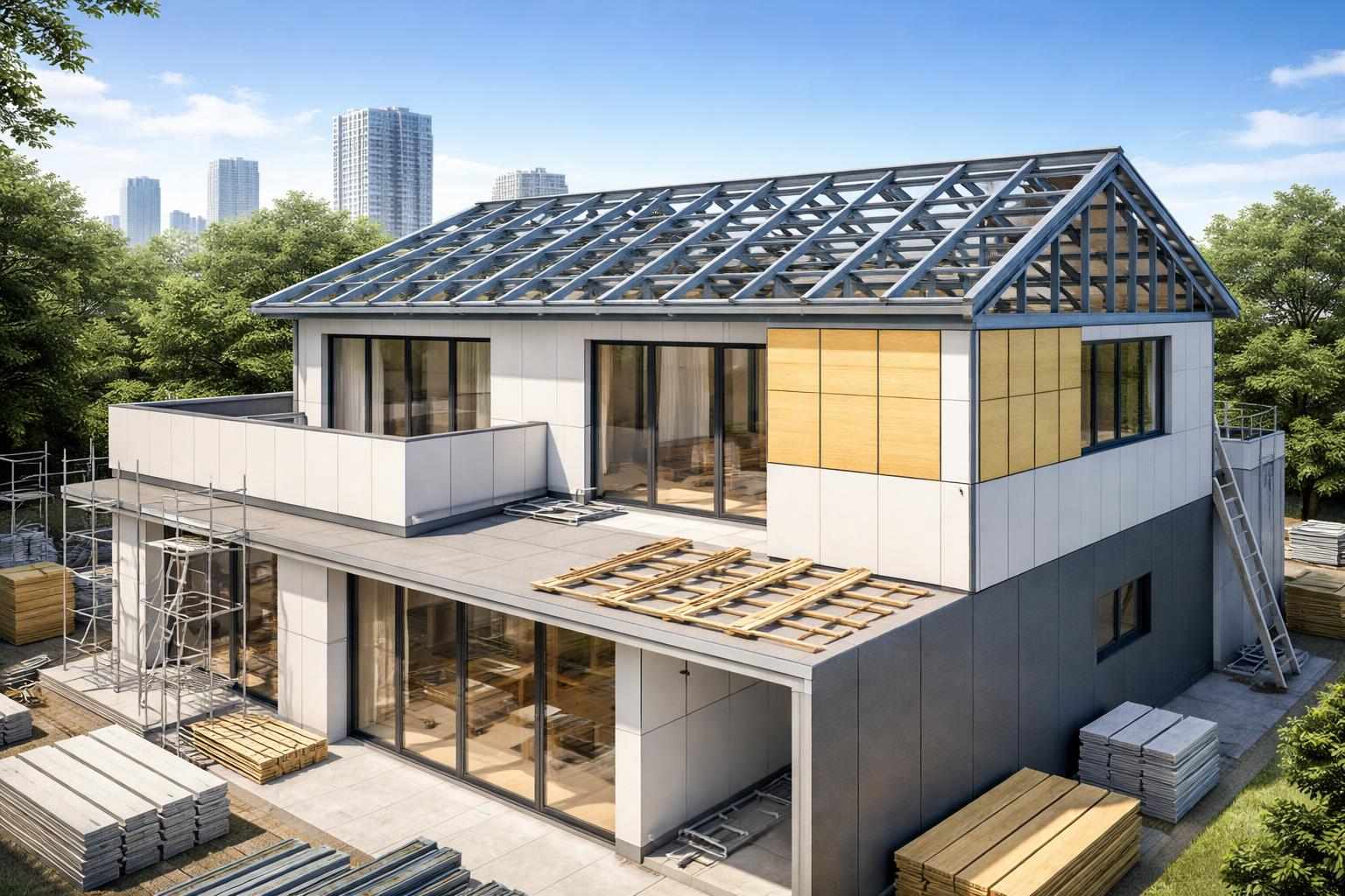 示意圖:台中現代住宅屋頂與外牆增建施工場景