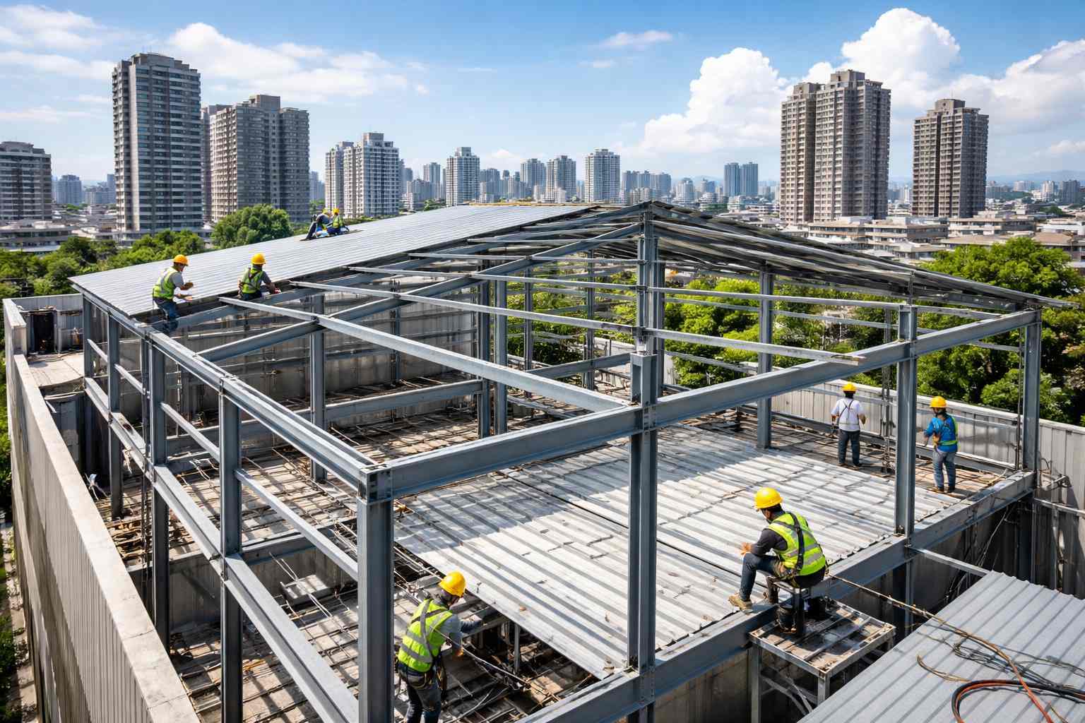 示意圖:台中鐵棟鐵皮增建工程施工現場的鋼架與施工情況。